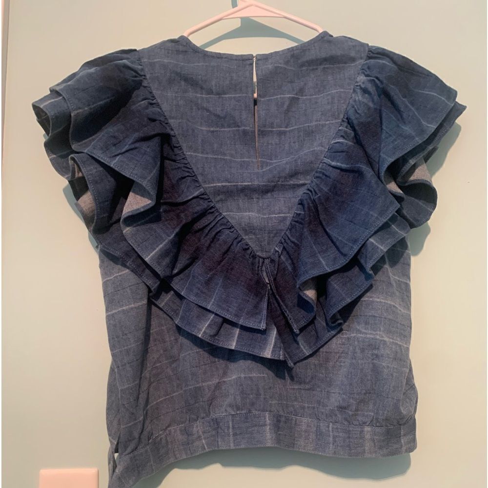 Seven by all Mankind medium denim ruffle crop top shirt blouse - Picture 2 of 8